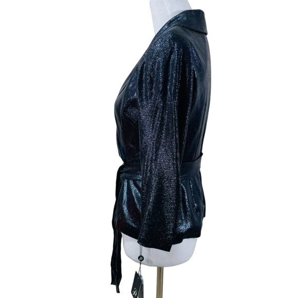 Adrianna Papell Women's Indigo Blue Metallic Wrap Top Size 4 Tie 3/4 Sleeve $139 - Picture 5 of 10
